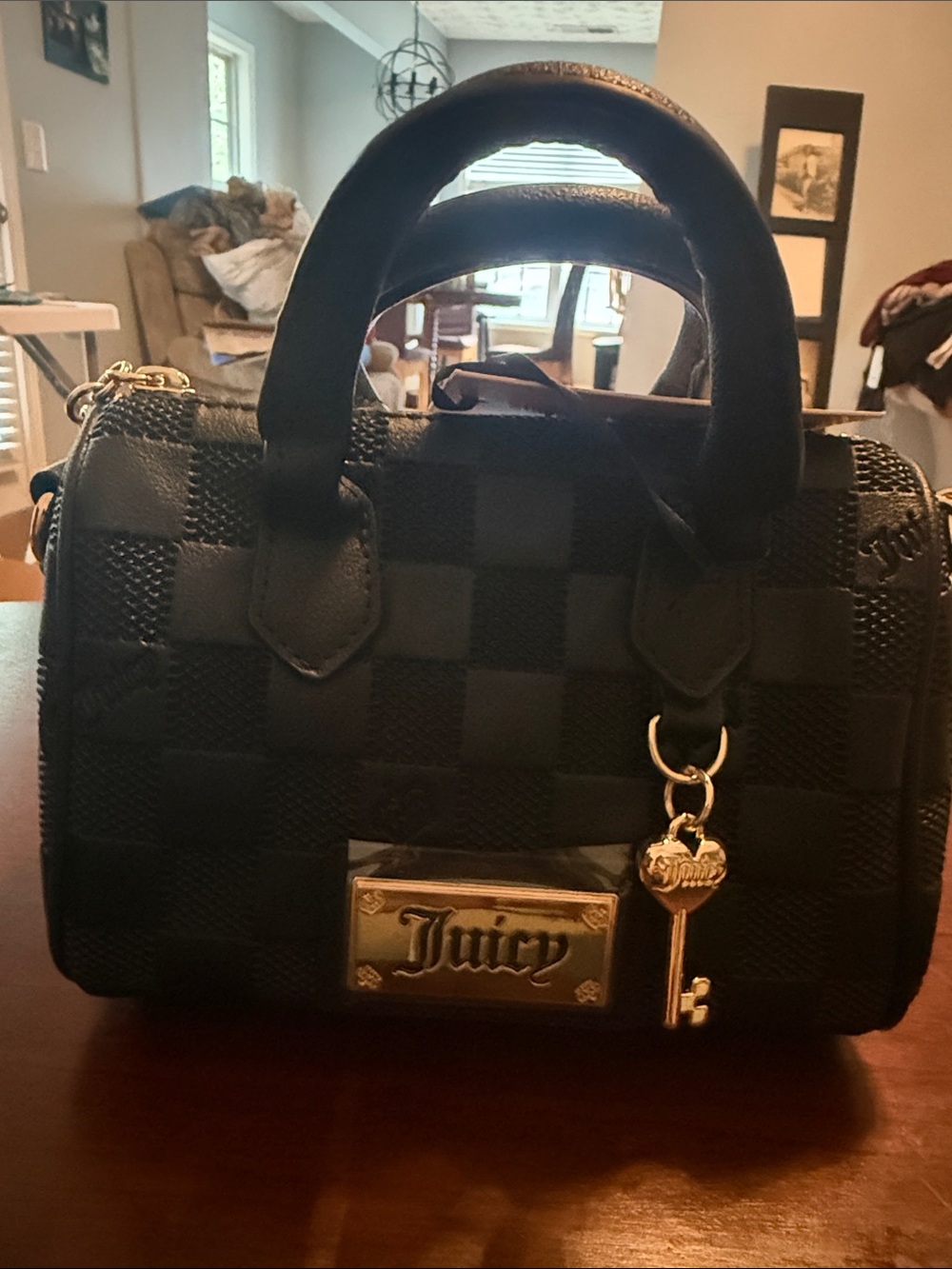 Juicy Couture Black Checker Satchel with Gold Key Charm